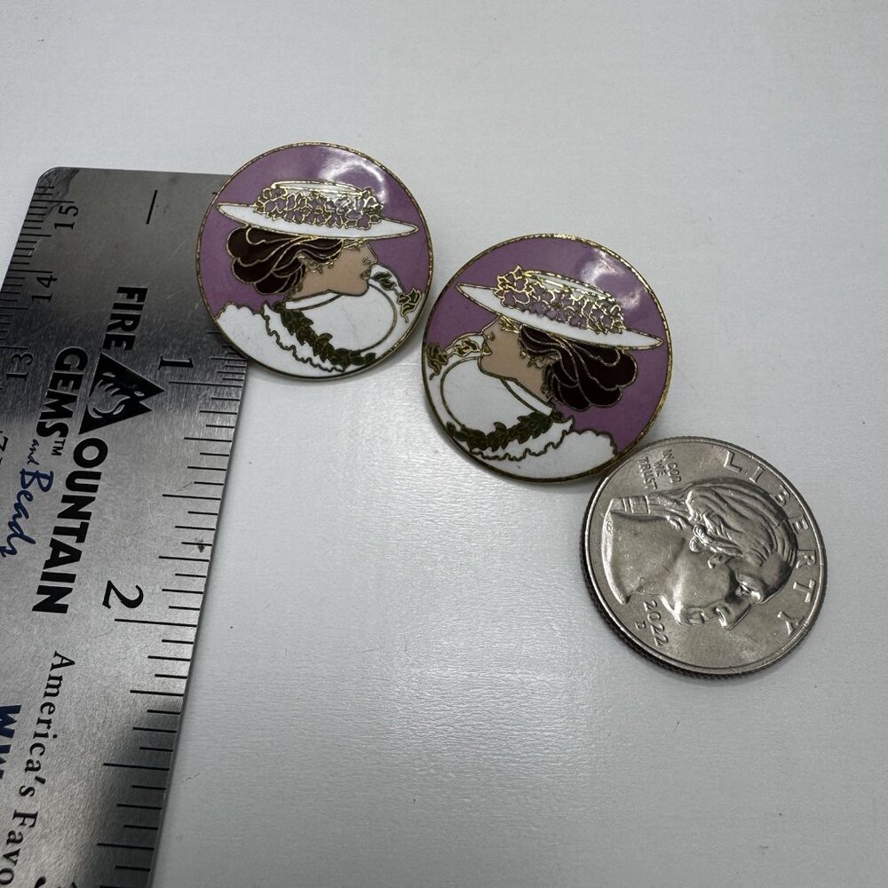 Diana Hansen-Young 1988 Enamel Earrings Vintage Art Nouveau Lady Portrait Rare - Picture 8 of 8